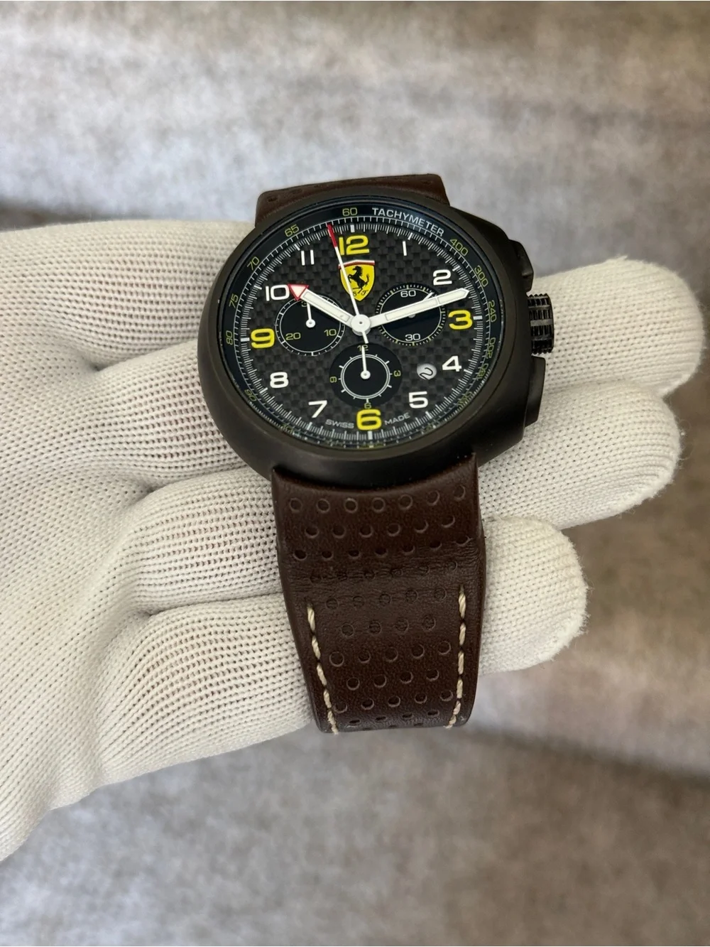 Ferrari F1 classBlack Dial Chronograph Watch with Yellow Accents and Brown Strap